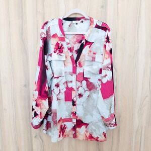 Calvin Klein Womens Floral Button Up Blouse Size 3X Pink Office Romantic Boho